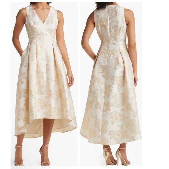 Eliza J Floral Jacquard Metallic Gold Fit & Flare Hi-Low Cocktail Dress Size 12 - Picture 1 of 10
